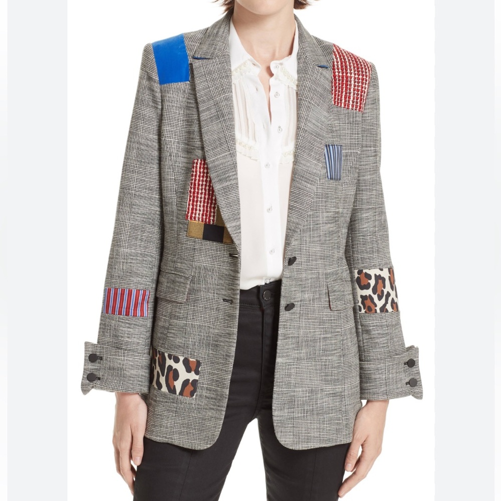 Alice and Olivia Paulene Patchwork French-cuff Check Blazer In Black / Multi